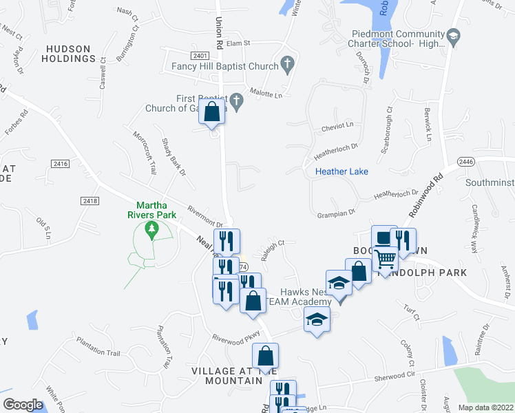 map of restaurants, bars, coffee shops, grocery stores, and more near 2900 Union Road in Gastonia