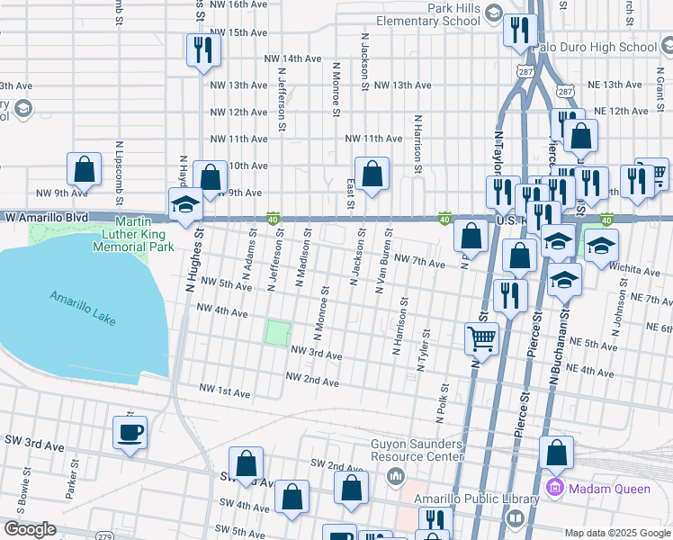 map of restaurants, bars, coffee shops, grocery stores, and more near 600 North Monroe Street in Amarillo