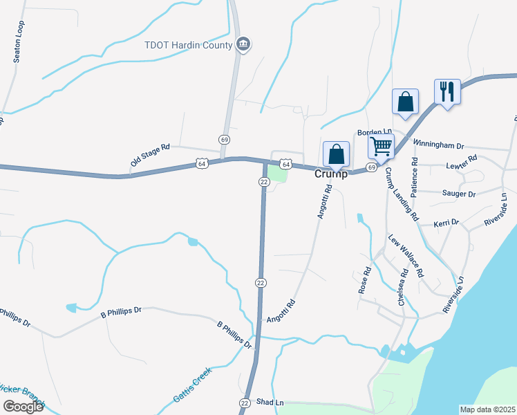 map of restaurants, bars, coffee shops, grocery stores, and more near 9385 Tennessee 22 in Crump