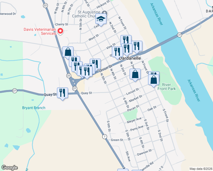 map of restaurants, bars, coffee shops, grocery stores, and more near 301 North 5th Street in Dardanelle
