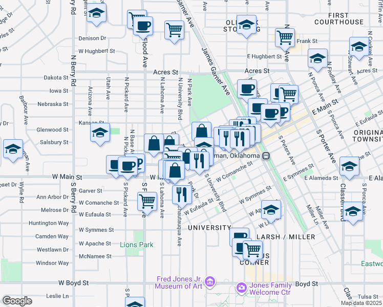 map of restaurants, bars, coffee shops, grocery stores, and more near 200 North University Boulevard in Norman