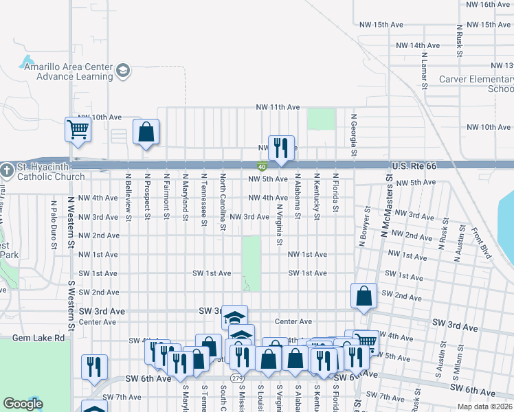 map of restaurants, bars, coffee shops, grocery stores, and more near 307 North Louisiana Street in Amarillo