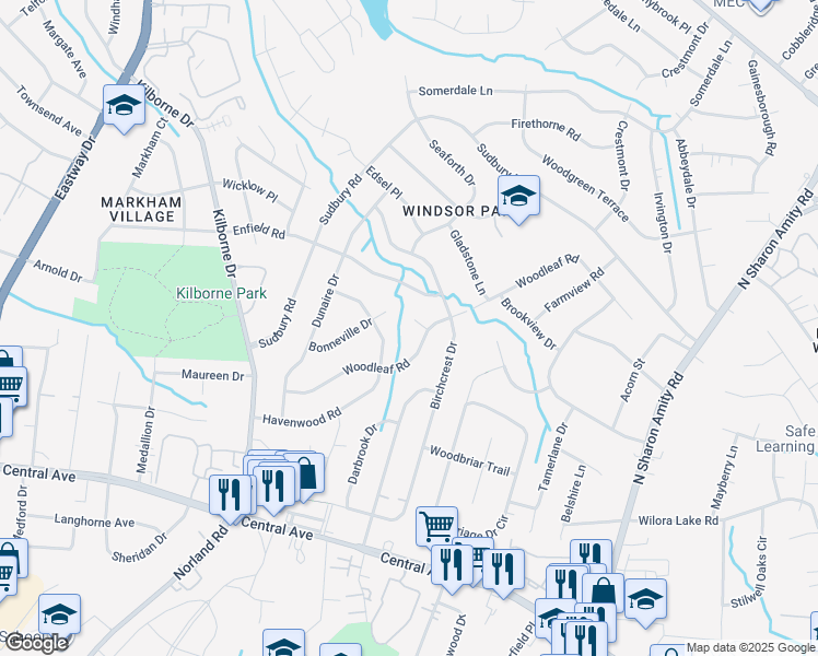 map of restaurants, bars, coffee shops, grocery stores, and more near 2113 Amboy Court in Charlotte