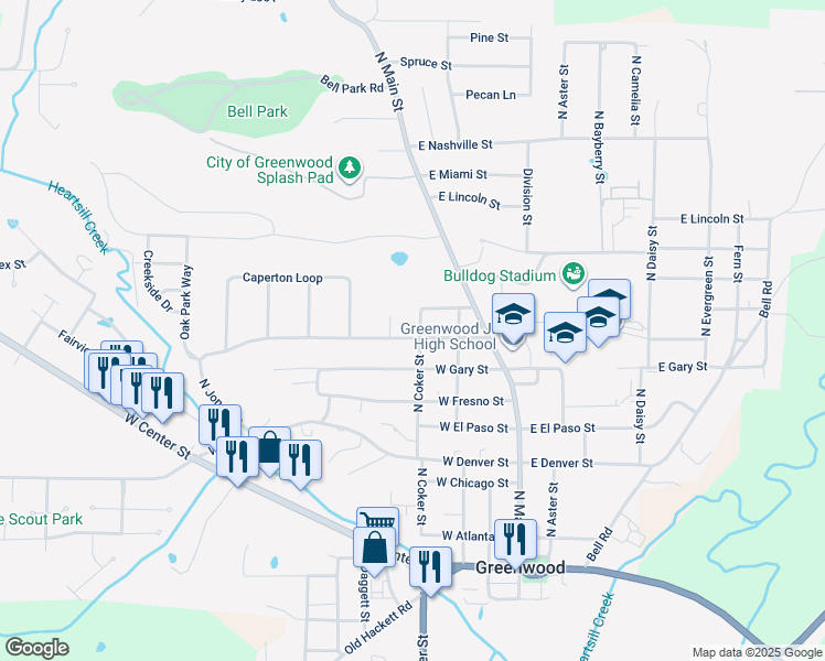 map of restaurants, bars, coffee shops, grocery stores, and more near 601 North Coker Street in Greenwood