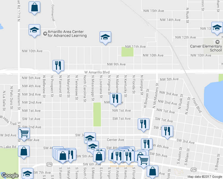 map of restaurants, bars, coffee shops, grocery stores, and more near 306 North Virginia Street in Amarillo