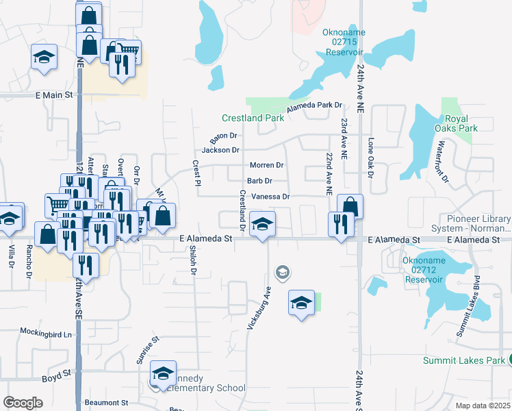 map of restaurants, bars, coffee shops, grocery stores, and more near 1902 Vanessa Drive in Norman