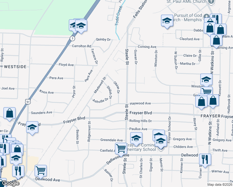 map of restaurants, bars, coffee shops, grocery stores, and more near 3457 Obion Dr in Memphis