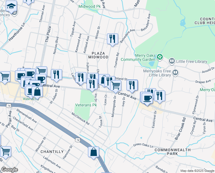 map of restaurants, bars, coffee shops, grocery stores, and more near 1617 Club Road in Charlotte