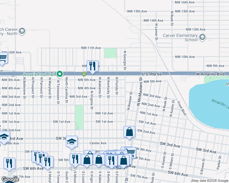 map of restaurants, bars, coffee shops, grocery stores, and more near 307 North Florida Street in Amarillo