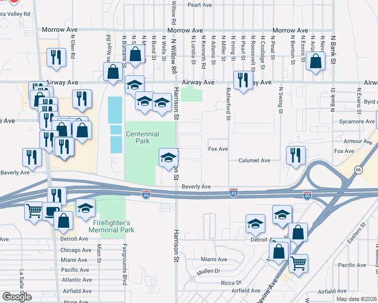 map of restaurants, bars, coffee shops, grocery stores, and more near 3300 Harrison Street in Kingman