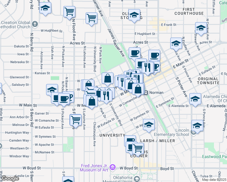 map of restaurants, bars, coffee shops, grocery stores, and more near 300 W Gray St in Norman