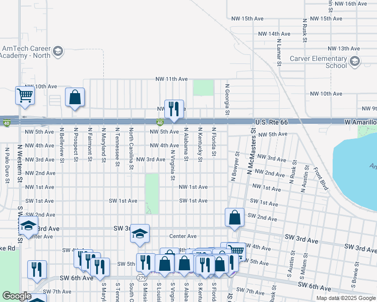 map of restaurants, bars, coffee shops, grocery stores, and more near 306 North Alabama Street in Amarillo