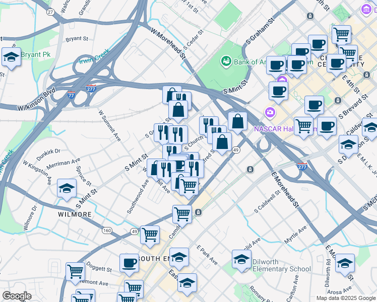 map of restaurants, bars, coffee shops, grocery stores, and more near 1309 S Church St in Charlotte