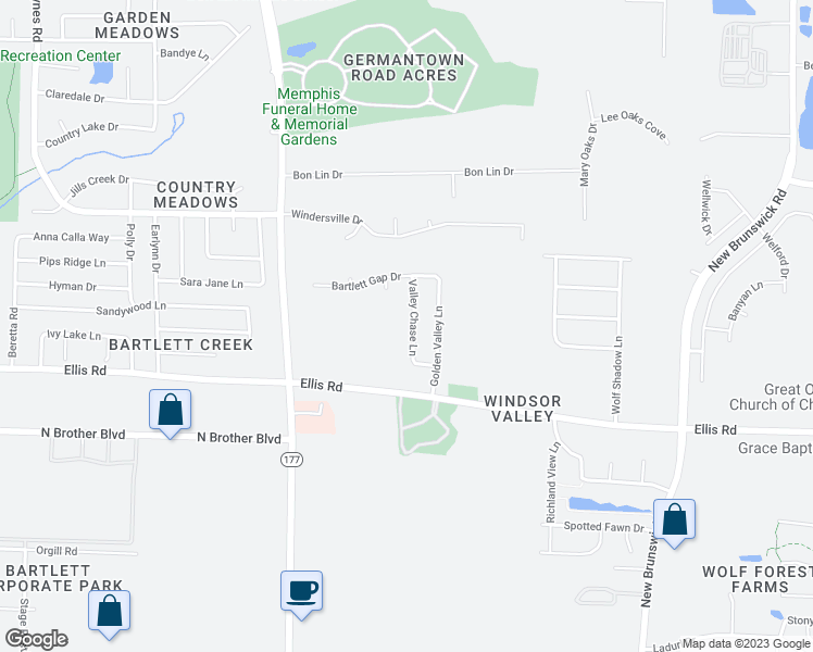 map of restaurants, bars, coffee shops, grocery stores, and more near 3455 Valley Chase Lane in Memphis