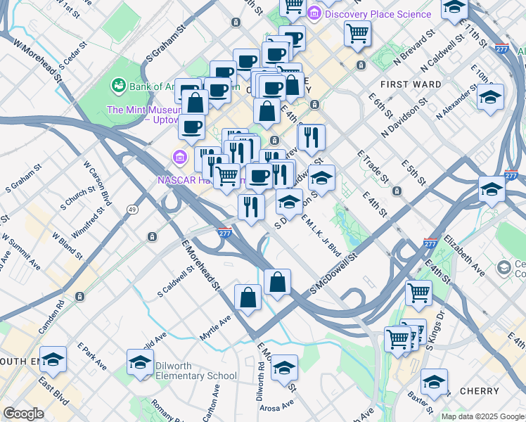map of restaurants, bars, coffee shops, grocery stores, and more near 501 South Caldwell Street in Charlotte