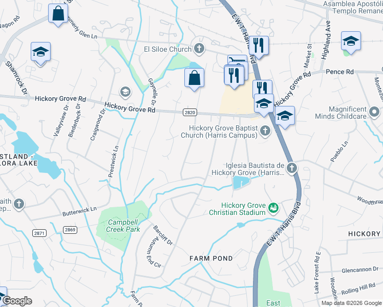 map of restaurants, bars, coffee shops, grocery stores, and more near 4733 Hobbs Hill Drive in Charlotte