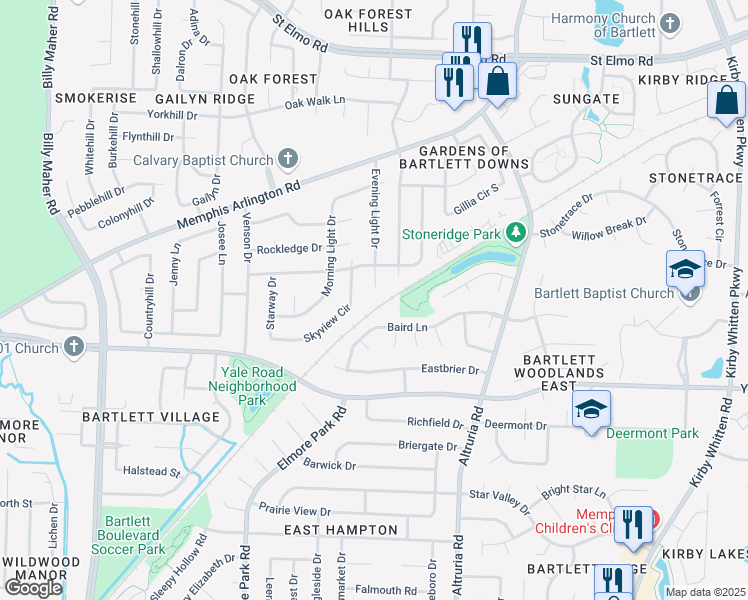 map of restaurants, bars, coffee shops, grocery stores, and more near 3464 Evening Light Drive in Memphis