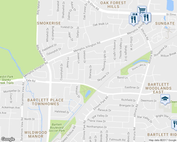 map of restaurants, bars, coffee shops, grocery stores, and more near 3453 Starway Drive in Bartlett