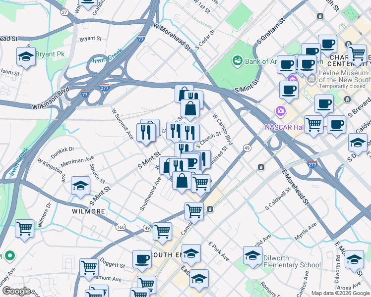 map of restaurants, bars, coffee shops, grocery stores, and more near 1331 South Mint Street in Charlotte