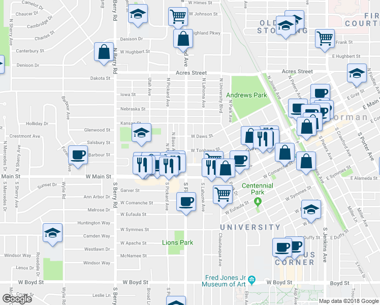 map of restaurants, bars, coffee shops, grocery stores, and more near 221 North Flood Avenue in Norman