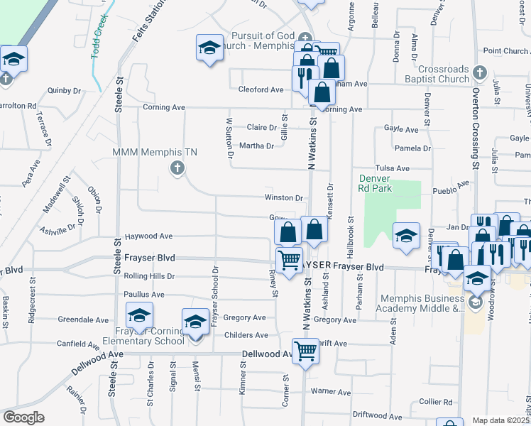 map of restaurants, bars, coffee shops, grocery stores, and more near 1736 Gowan Drive in Memphis