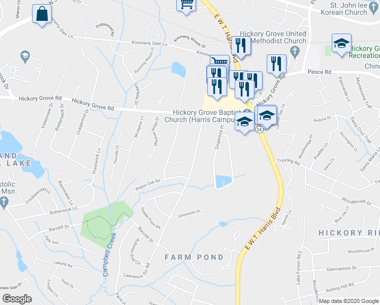 map of restaurants, bars, coffee shops, grocery stores, and more near 4800 Lawrence Orr Road in Charlotte
