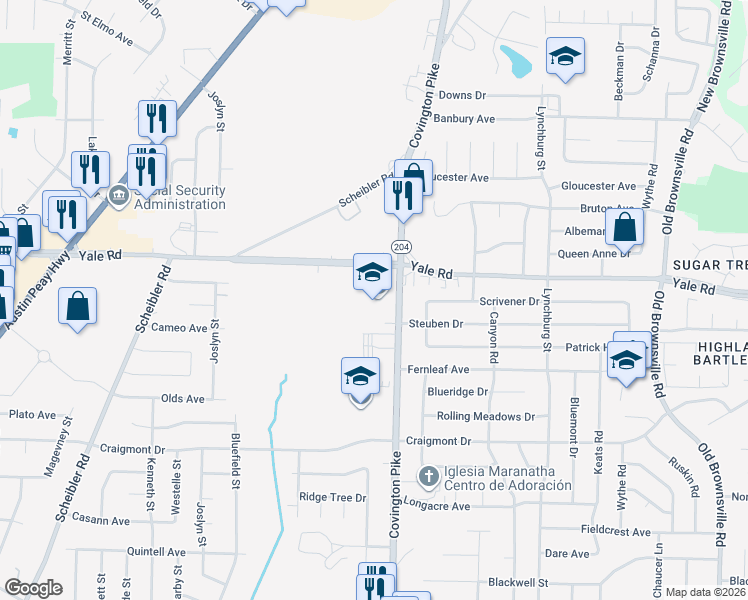 map of restaurants, bars, coffee shops, grocery stores, and more near 3455 Covington Pike in Memphis