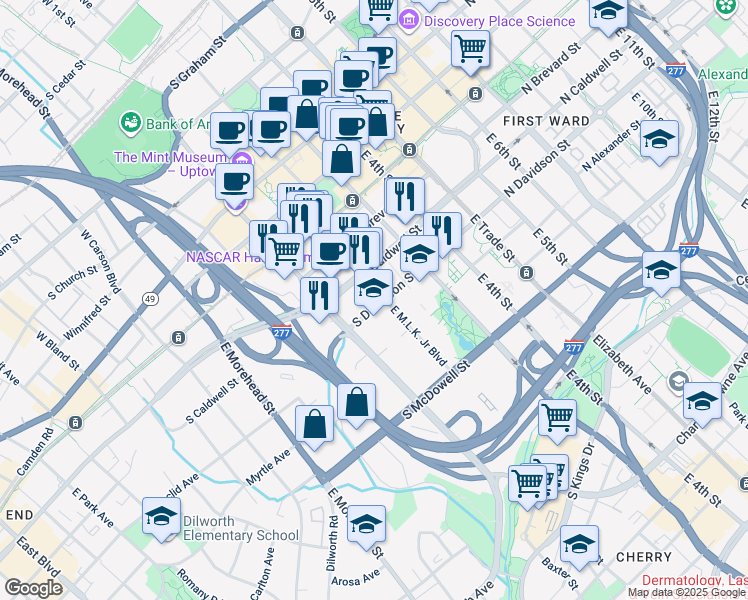 map of restaurants, bars, coffee shops, grocery stores, and more near 530 East Martin Luther King Junior Boulevard in Charlotte