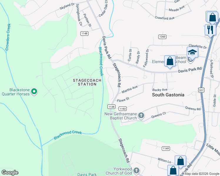 map of restaurants, bars, coffee shops, grocery stores, and more near 3369 Hunting Wood Court in Gastonia