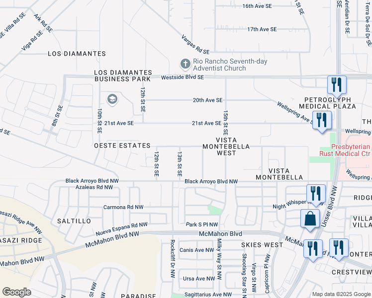 map of restaurants, bars, coffee shops, grocery stores, and more near 2307 13th Street Southeast in Rio Rancho