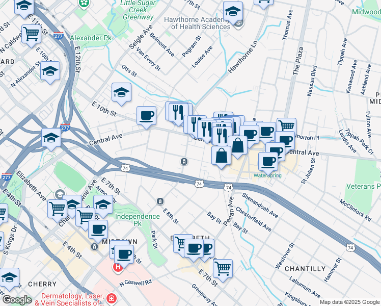 map of restaurants, bars, coffee shops, grocery stores, and more near 2001 Vail Avenue in Charlotte