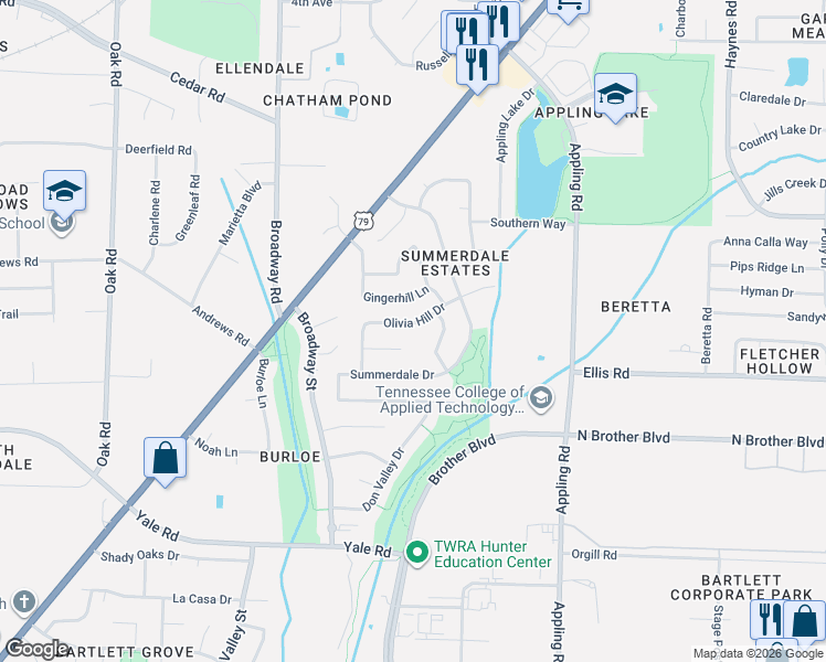 map of restaurants, bars, coffee shops, grocery stores, and more near 7471 Olivia Hill Dr in Memphis