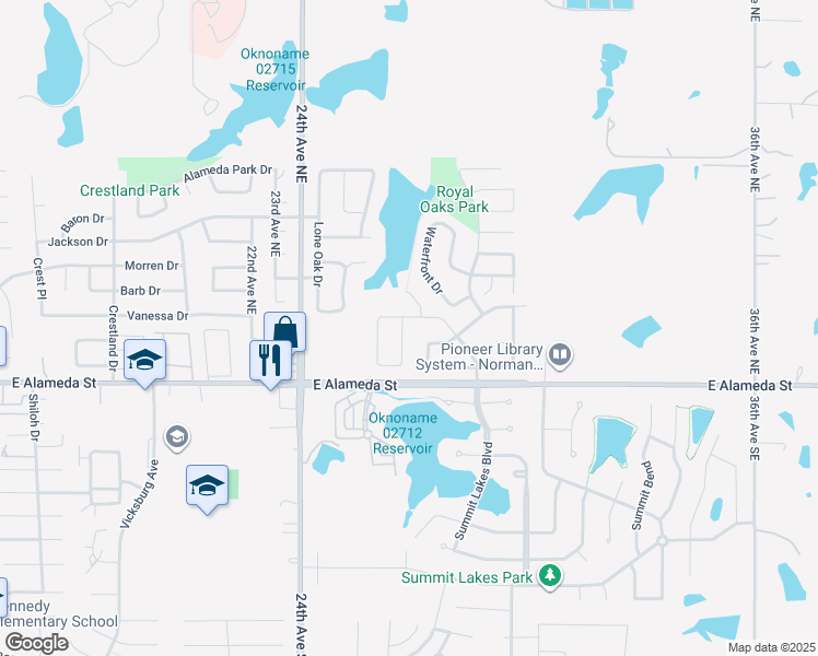 map of restaurants, bars, coffee shops, grocery stores, and more near 209 Great Oaks Drive in Norman