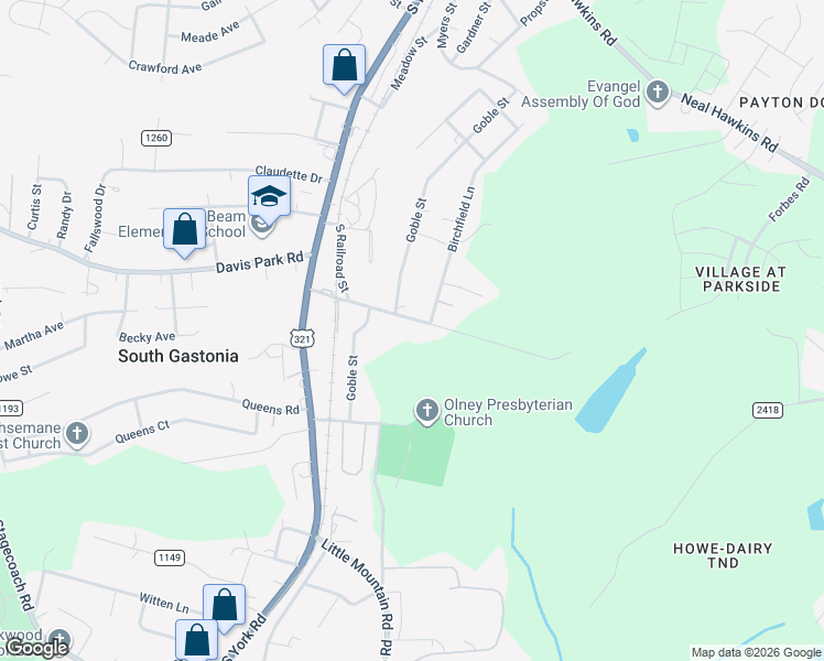 map of restaurants, bars, coffee shops, grocery stores, and more near 309 Huffman Road in Gastonia