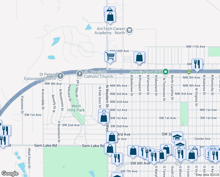 map of restaurants, bars, coffee shops, grocery stores, and more near 307 North Independence Street in Amarillo
