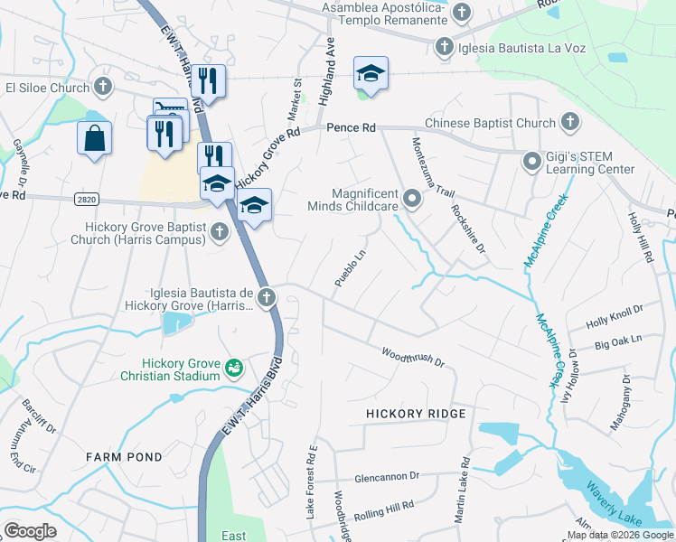 map of restaurants, bars, coffee shops, grocery stores, and more near 6625 Pueblo Lane in Charlotte