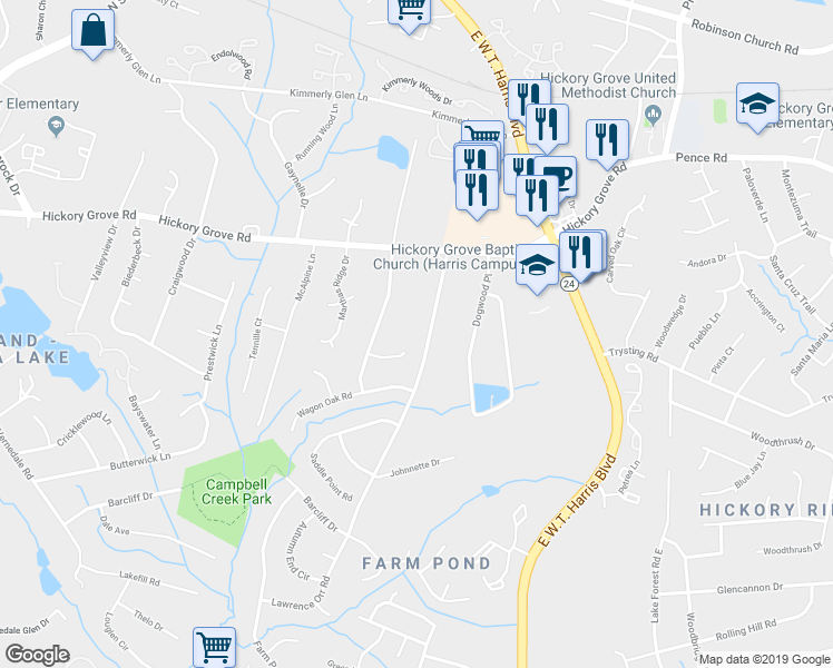 map of restaurants, bars, coffee shops, grocery stores, and more near 4800 Lawrence Orr Road in Charlotte
