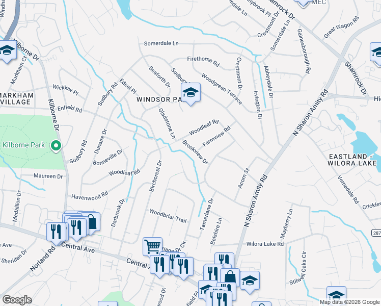 map of restaurants, bars, coffee shops, grocery stores, and more near 4030 Brookview Drive in Charlotte
