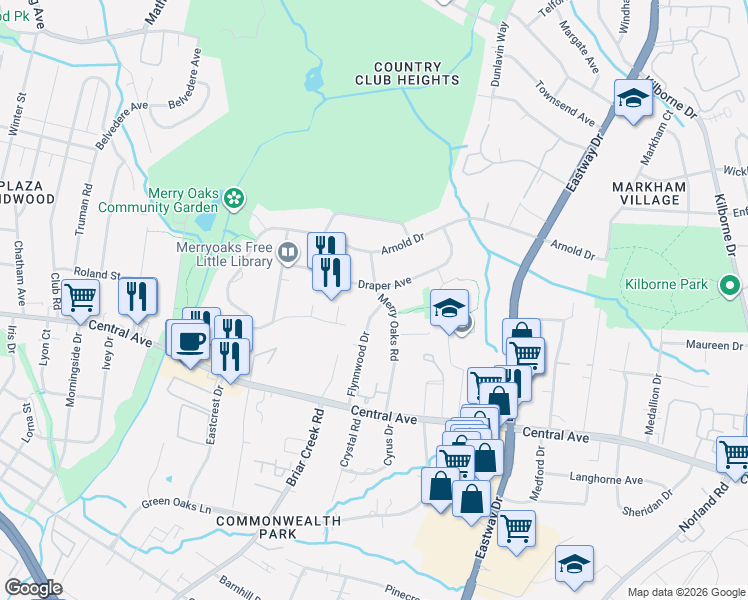 map of restaurants, bars, coffee shops, grocery stores, and more near 1751 Flynnwood Drive in Charlotte