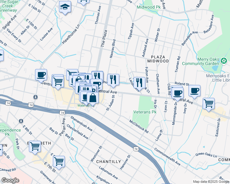 map of restaurants, bars, coffee shops, grocery stores, and more near 1900 Central Avenue in Charlotte