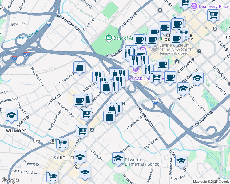 map of restaurants, bars, coffee shops, grocery stores, and more near 1017 South Tryon Street in Charlotte