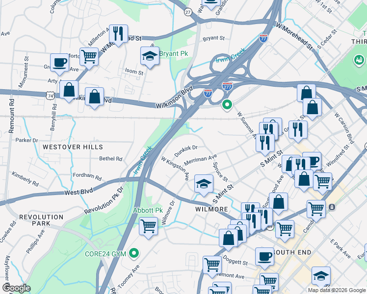 map of restaurants, bars, coffee shops, grocery stores, and more near 1742 Dunkirk Drive in Charlotte