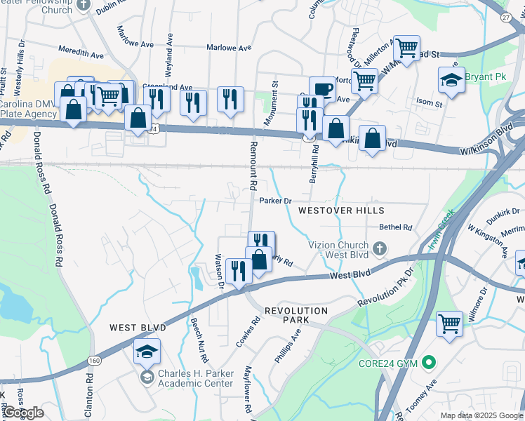 map of restaurants, bars, coffee shops, grocery stores, and more near 1838 Remount Road in Charlotte