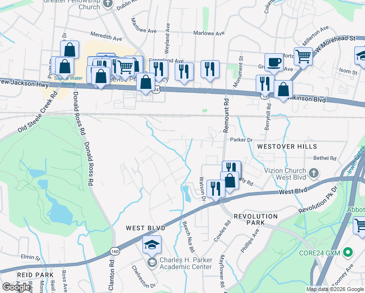 map of restaurants, bars, coffee shops, grocery stores, and more near 1405 Diamond Grove Lane in Charlotte