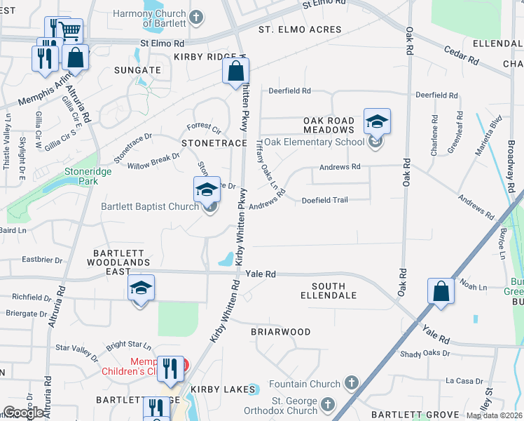 map of restaurants, bars, coffee shops, grocery stores, and more near 6831 Andrews Road in Bartlett