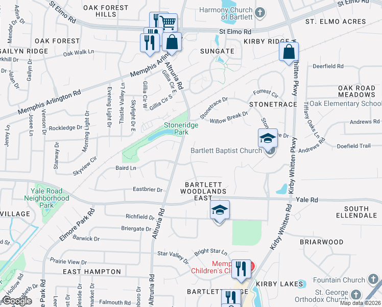 map of restaurants, bars, coffee shops, grocery stores, and more near 3474 Angelin Drive in Memphis