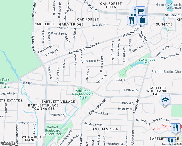 map of restaurants, bars, coffee shops, grocery stores, and more near 3452 Morning Light Cove in Memphis