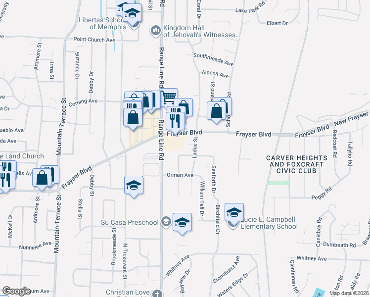 map of restaurants, bars, coffee shops, grocery stores, and more near 3457 Ladue Street in Memphis
