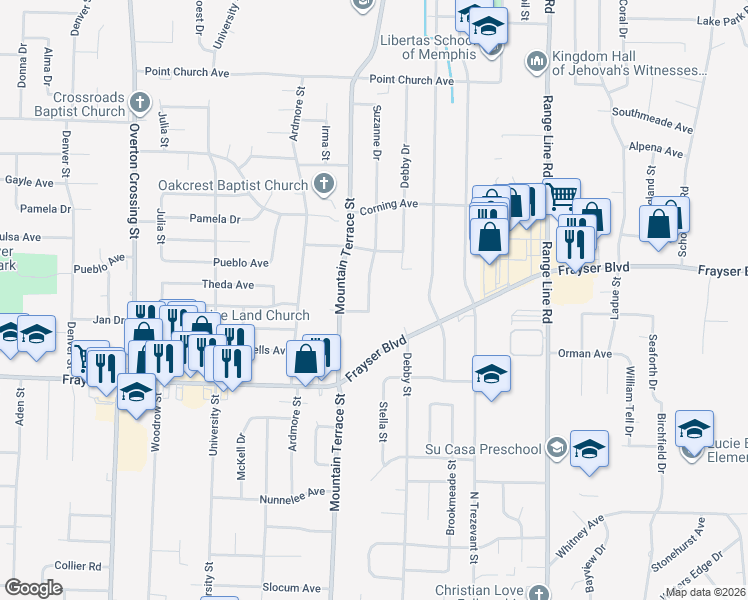 map of restaurants, bars, coffee shops, grocery stores, and more near 3457 Suzanne Drive in Memphis
