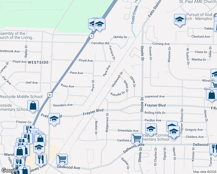 map of restaurants, bars, coffee shops, grocery stores, and more near 3457 Madewell Street in Memphis